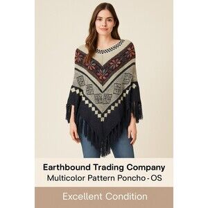 Earthbound Trading Co Boho Knit Fringe Poncho One Size Cream Navy Multicolor...